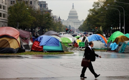 Occupiers with Tents from the Sporting Goods Store because of Capitalism